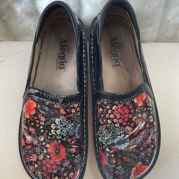 Alegria DEB  patent leather multi color floral prints slip on clogs size Euro 37 - Picture 3 of 15